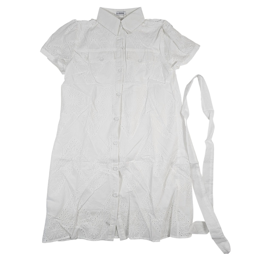La‎ Diosa White Eyelet Lace Button Down Mini Shirt Dress XL Puff Sleeve Belted